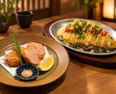 東京駅の和食・焼きとり一鶏で楽しめる海老しんじょうと明太キャベツオム巻き